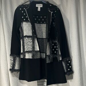 Joseph Ribkoff Black and Gray Textured Cardigan with Faux Fur
